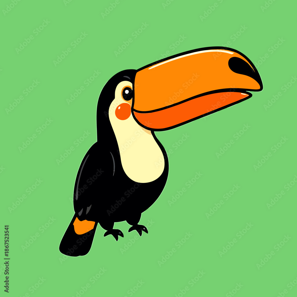 Obraz premium Vector illustration of a toucan standing on a green background, viewed from the side.