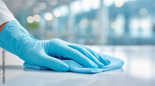 Cleaning, disinfection, and hygiene shown through gloved hands wiping a smooth surface in a professional environment. health safety, infection prevention and cleaning services