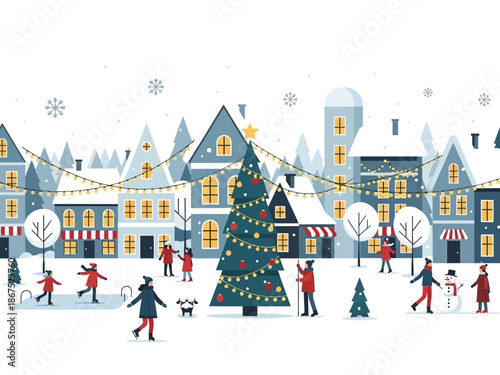 Festive Winter Town Scene Christmas Tree, People, and Snowflakes in a Cozy Holiday Setting