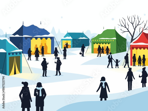 Winter Wonderland A Festive Illustration of a Cozy Winter Market Scene with People