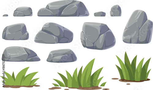 Grey stones and green grass tufts vector illustration set, garden rock elements for nature landscape design