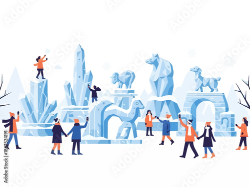 People enjoying a winter ice sculpture festival with various animal and architectural designs