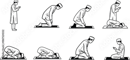 religious ritual, flat vector, CAD drawing, educational, cultural, spiritual, devotion, prostration, bowing, kneeling, sitting, standing, sequence, infographic, guidance, Islam, worship, faith
