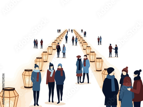 People Strolling Along Lit Pathway with Lanterns An Illustration of Social Gatherings and Celebration