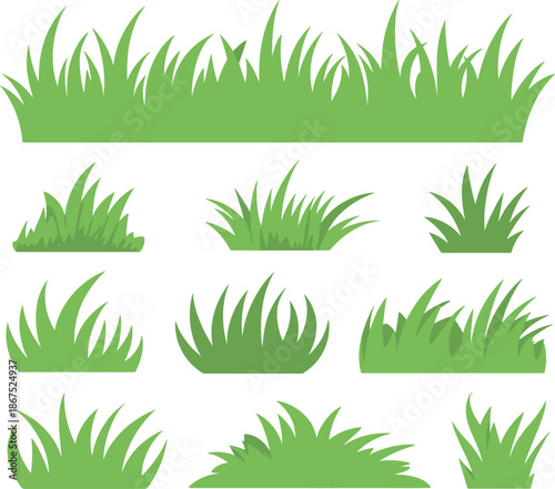 Green grass tufts vector illustration set, various plant patches for nature landscape and outdoor garden design