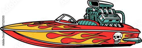 Retro Hot Rod Speed Boat with Flames and Skull Illustration