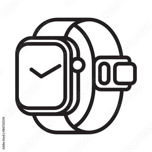 Simple black and white line art illustration of a modern smartwatch design