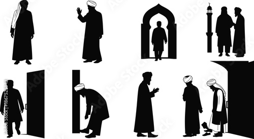 Middle Eastern silhouette, Islamic culture, traditional attire, human gesture, mosque doorway, religious practice, cultural interaction, cad drawing flat vector illustration