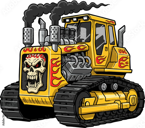 Heavy duty cartoon bulldozer with flames and skull mascot
