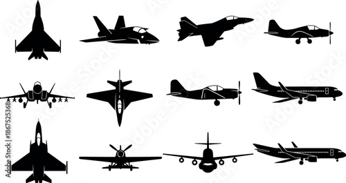 Set of Aircraft Silhouettes Featuring Military Fighter Jets Commercial Airplanes Private Propeller Planes and Aviation Icons for Vector Graphic Design Projects