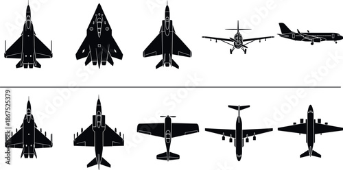 Set of black airplane silhouettes featuring fighter jets, commercial airliners, military aircraft, propeller planes and various aviation transport icons for design.