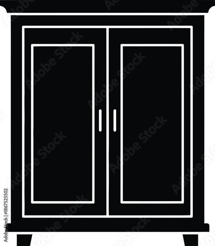 A simple silhouette icon illustrating a classic two-door wardrobe or storage cabinet
