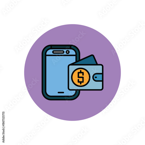 Mobile phone with wallet and dollar sign on purple background