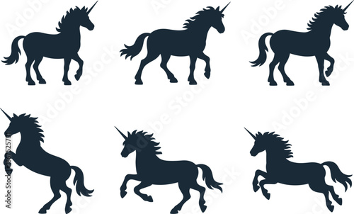 Magical unicorn silhouette vector illustration set, mythical horse creatures for fantasy fairy tale and dream design