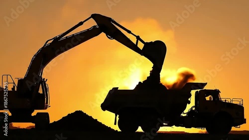 Silhouette of heavy excavator machine loading dirt into large dump truck against bright orange sunset sky