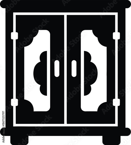 Black silhouette icon depicting a small antique wooden wardrobe or storage cabinet with two doors and ornate details