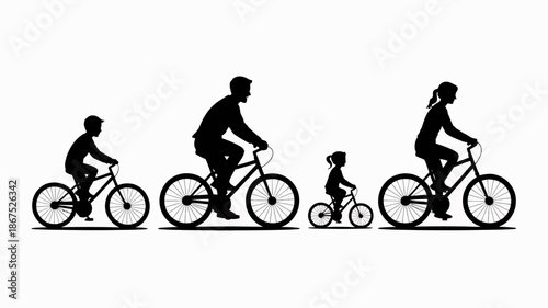 a simple black silhouette illustration depicts a family of four enjoying a leisurely bike ride together on a bright day high quality professional detailed modern elegant