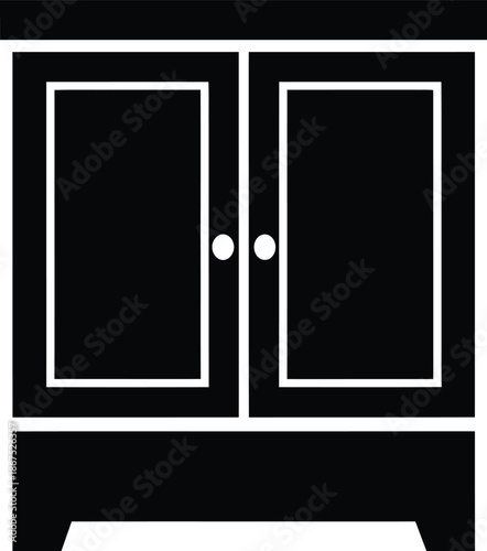 Simple black and white icon illustration of a small cabinet or cupboard with two doors and handles
