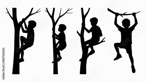 a series of silhouettes depicts a child progressing through the stages of climbing a bare tree showcasing playful movement and growth high quality professional detailed modern