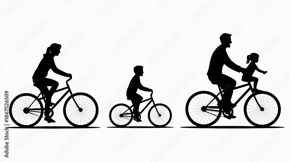 Fototapeta premium a silhouette illustration depicts a family of three enjoying a leisurely bike ride together on a bright day showcasing togetherness high quality professional detailed modern elegant