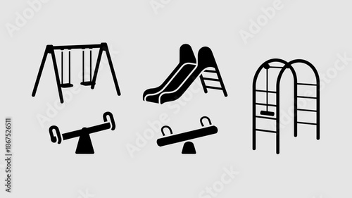 a minimalist depiction of playground equipment including a swing set slide seesaw climbing frame and a ladder all in black silhouettes high quality professional detailed modern
