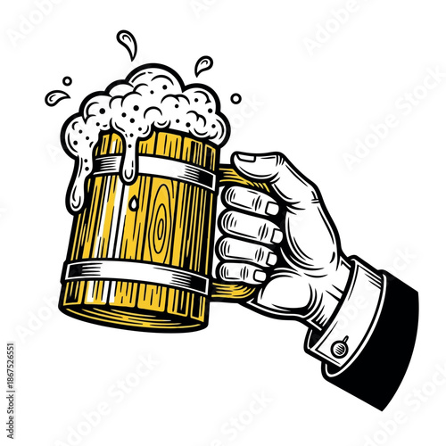 A hand holding a large wooden mug filled with foamy golden beverage