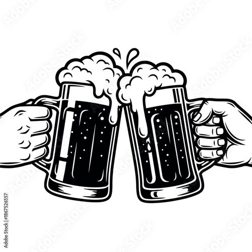 A black and white illustration of two overflowing mugs of beverage clinking together