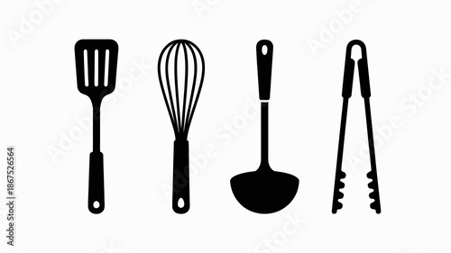 a simple illustration depicts four essential cooking utensils arranged in a row showcasing a spatula whisk ladle and tongs in black silhouette high quality professional detailed