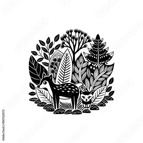 Black and white folk art illustration of a fawn and an owl in a dense forest with various trees and leaves, arranged in a circular design.