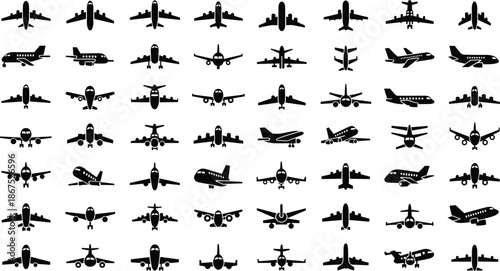 Airplane icons collection, aviation silhouettes, aircraft symbols, black plane graphics, flight illustrations, jet shapes, aeronautical design, transportation set