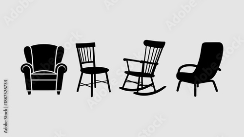 a collection of various black silhouette furniture items including armchairs dining chairs and a rocking chair are displayed in a row high quality professional detailed modern