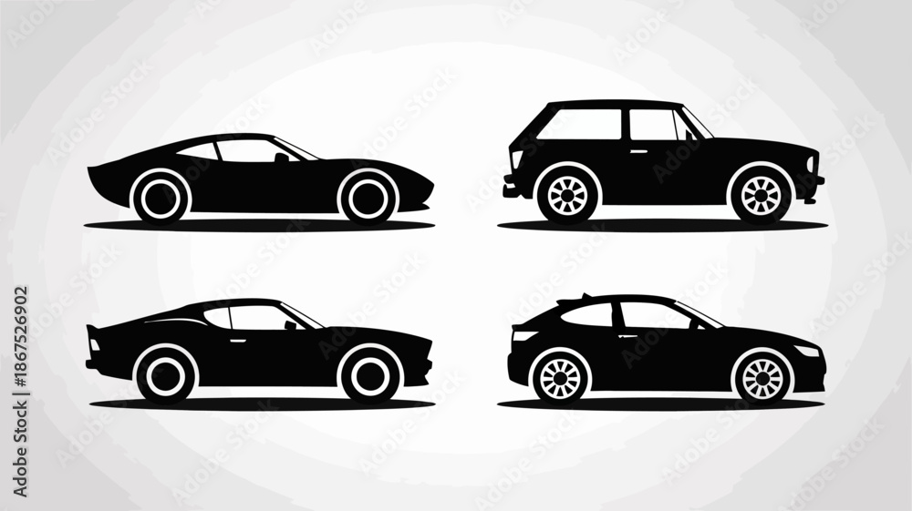 Fototapeta premium a collection of four distinct black silhouettes showcases various car body styles including coupes station wagons and modern hatchback designs high quality professional detailed elegant stylish