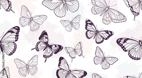 A delightful pattern of hand drawn butterflies in various sizes and poses.