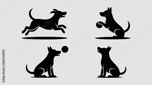 a minimalist graphic displays four black silhouettes of dogs in various playful poses with one catching a ball high quality professional detailed modern elegant stylish clean