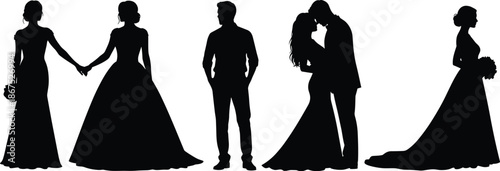 Elegant wedding silhouettes, bride and groom couples, romantic love moments, marriage ceremony concept, black silhouettes on white background