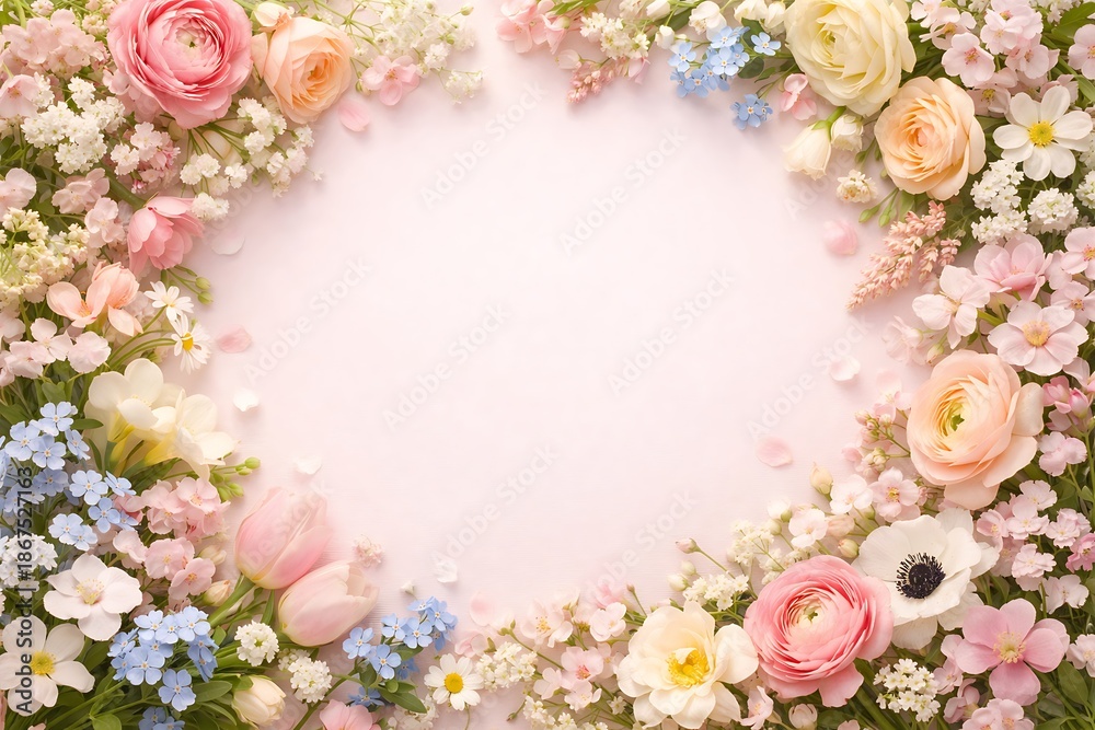 custom made wallpaper toronto digitalPastel spring floral round frame with roses and wildflowers on pink background