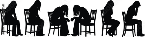 Depressed woman sitting on chair silhouette showing sadness loneliness stress anxiety emotional pain mental health and psychological struggle concept