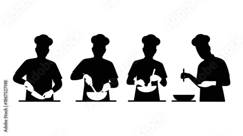 a simple black and white illustration depicting five chefs in silhouette each engaged in cooking tasks with utensils and bowls high quality professional detailed modern elegant