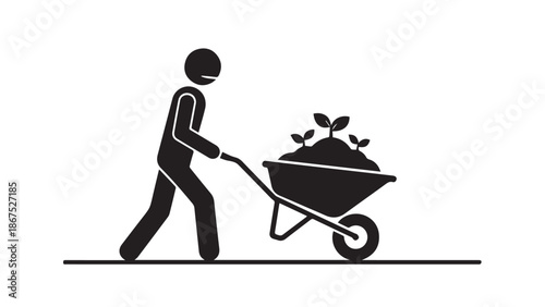 Man pushing a wheelbarrow full of soil and seedlings in a simple black illustration style for gardening and landscaping concepts with icon and graphic