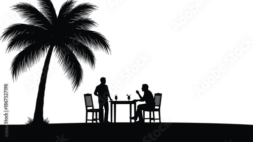 Couple dining silhouette under palm tree showing romantic dinner vacation travel leisure tropical lifestyle love and relaxing evening concept