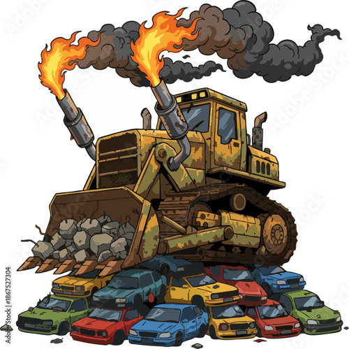 Heavy Bulldozer Destroying Vehicles and Causing Pollution