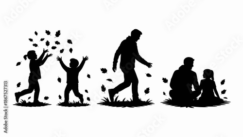 a silhouette illustration depicts a family experiencing different stages of life together featuring a child parent and grandparent with falling leaves high quality professional detailed modern