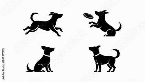 A minimalist illustration depicts playful dogs in various poses including jumping for a frisbee and sitting calmly showcasing canine energy high quality professional detailed modern elegant