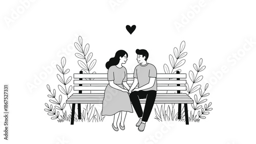 A loving couple sits together on a park bench holding hands with a heart above them surrounded by plants in a romantic outdoor setting with love