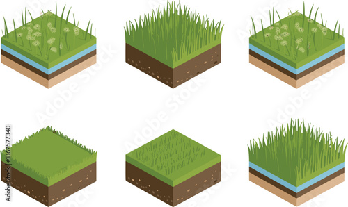 Isometric soil blocks with green grass and flowers vector set, land ground cross sections for gardening