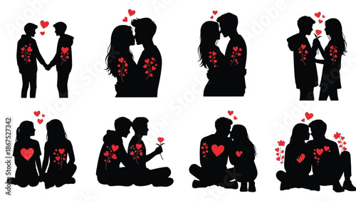 Romantic vector graphics of couples in love with hearts and flowers on white background for valentines day with silhouettes and tender and affection