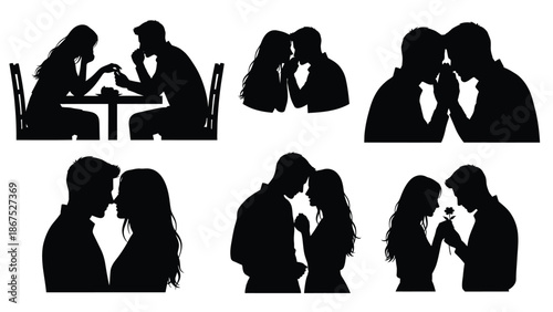 Romantic couples silhouettes in various intimate moments and poses with love and relationship and tenderness and affection and romance and partners
