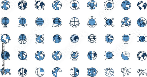 Globe icons, Earth symbols, global design, world graphics, planet illustrations, environmental icons, blue globe set, stylized Earth collection