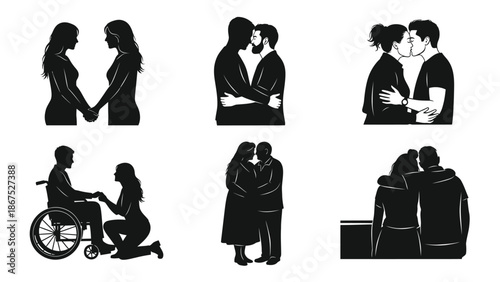 Black silhouette illustrations of romantic couples in various tender moments and relationships with love scenes and couples in love and tenderness and affection