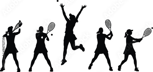 Female tennis player silhouette set showing serve swing jump action energy competition fitness sport movement and professional athletic performance